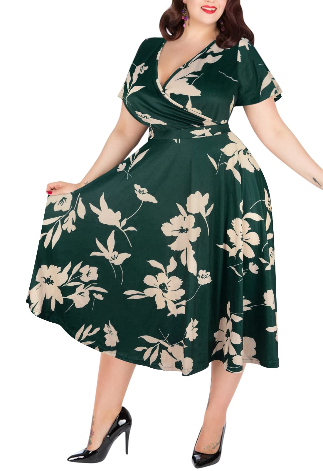 Nemidor Plus Size Dresses for Curvy Women Casual Summer V Neck Short Sleeve Midi Cocktail Vintage Dress with Pocket