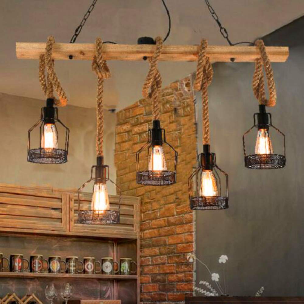 Suspension En Bois Rustique Chanvre Corde Plafond Pendentif Lumière Industriel Suspendu Lumière Rétro Métal Fer Cage Lampe Lustre Pour Cuisine Salon Salle À Manger Restaurant Décoration E27*5