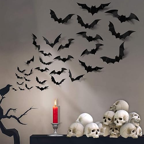 88 Pcs Halloween Decorations Indoor PVC 3D Scary Bats Wall Decor DIY Halloween Bat Decoration Stickers for Home Decor Bathroom Indoor Party Supplies