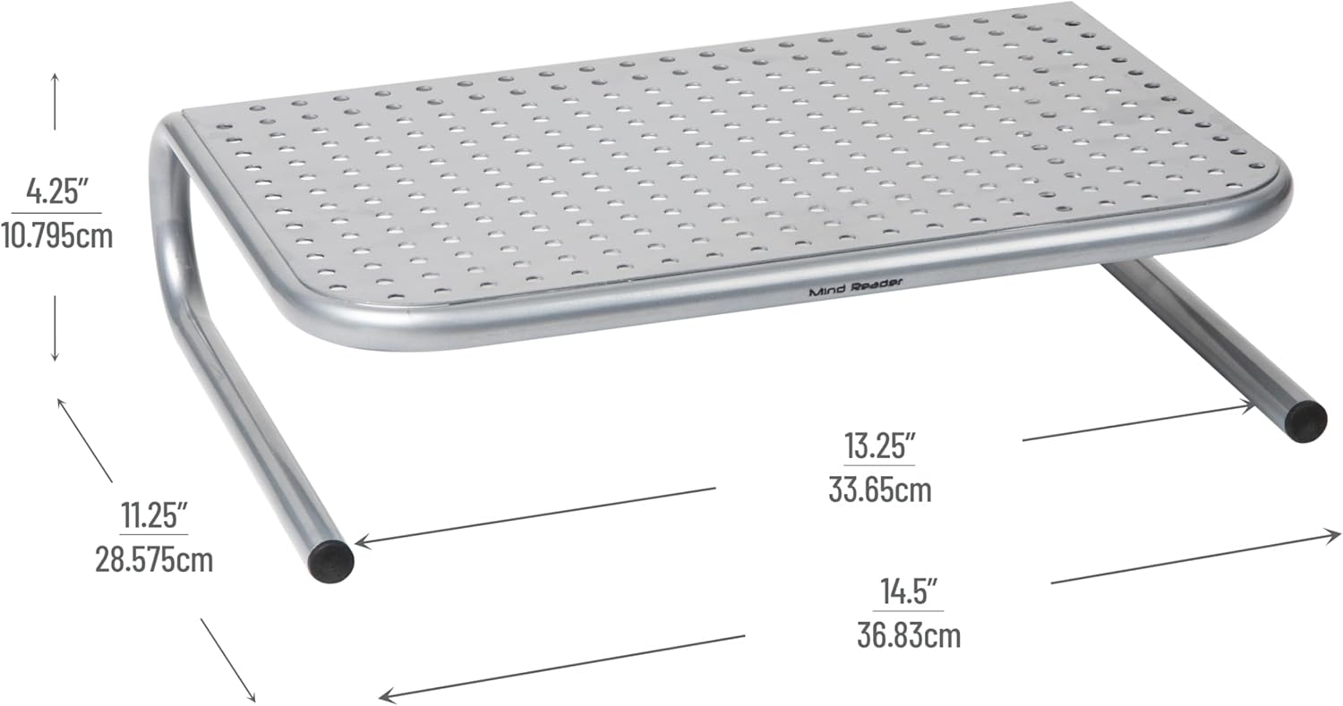 Mind Reader Monitor Stand, Ventilated Laptop Riser, Desktop Organizer, Metal, 14.5"L x 11.25"W x 4.25"H, Set of 2, Silver