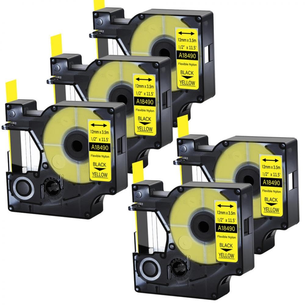 Ruban d'étiquette 5PCS Compatible avec Compatible 18488 Noir sur Blanc 12/19 mm Tapes en Nylon Flexibles Compatible avec 4200 6000 3M PL200(Black on Yellow)