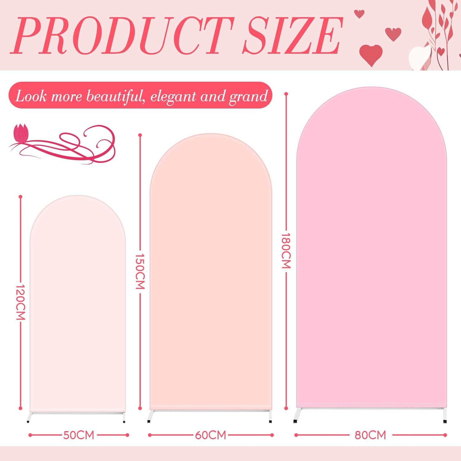 VitalCozy Set of 3 Wedding Arch Cover 4/5/6 ft Fabric Arch Backdrop Cover Double Sided Fitted Spandex for Baby Shower Birthday Party Decoration, Frame Not Included(Pink)