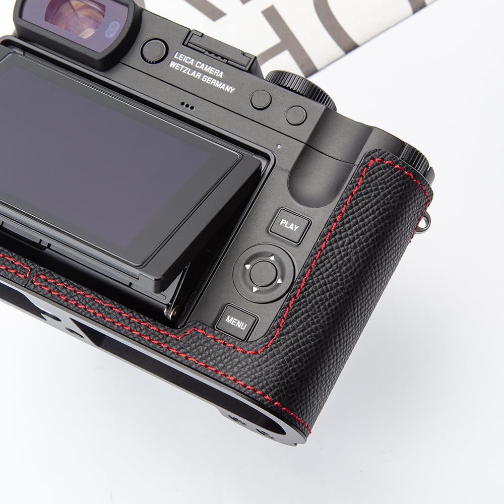 Q3 Vintage Genuine Leather Camera Case Handmade Half-Wrap Camera Protector with Aluminum Baseplate for Leica Q3 43 (Black - PalmSwell Texture Red Line)