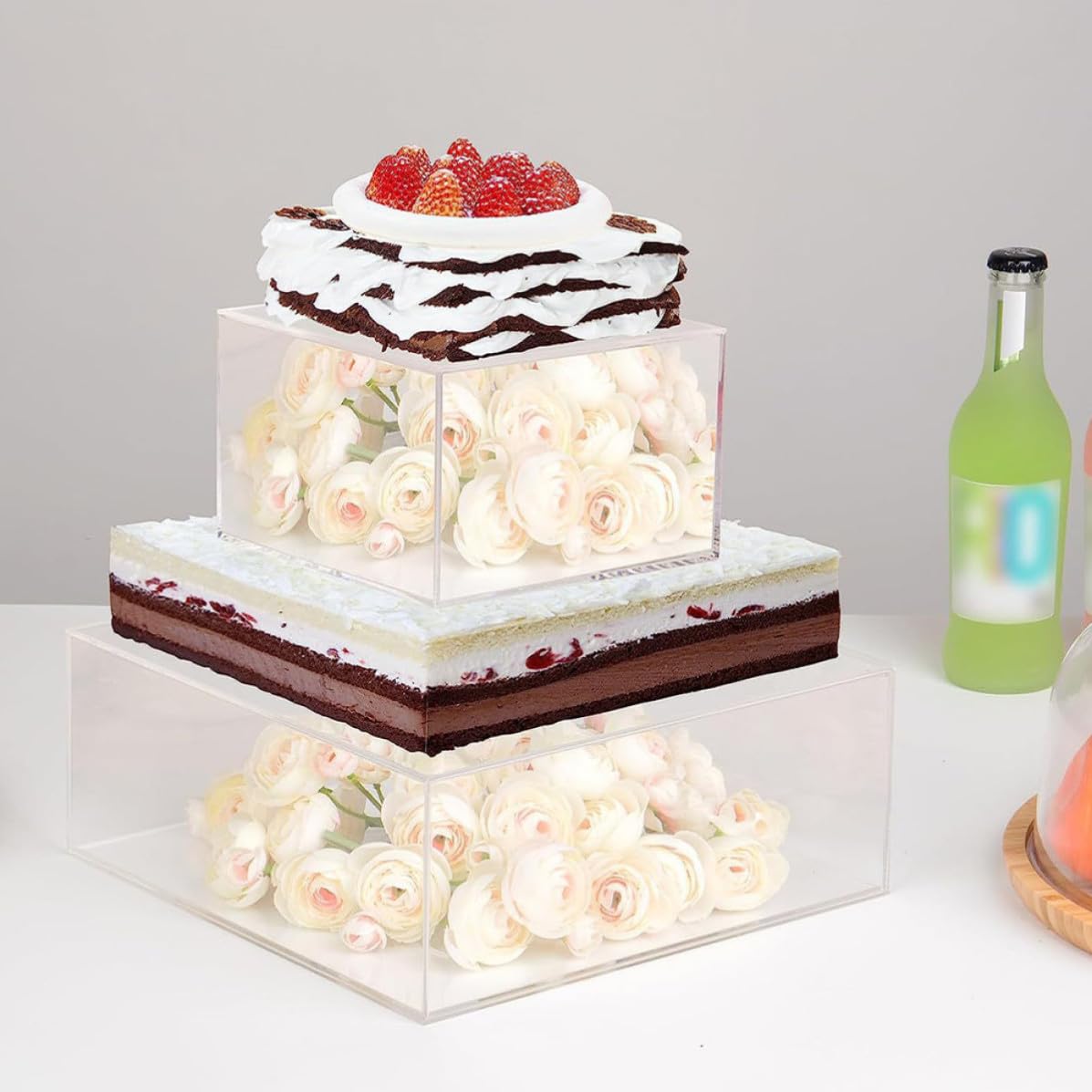POPETPOP 2 Pezzi Espositore per Dolciumi Quadrato in Acrilico Trasparente Design Impilabile e Coperchio, Supporto per Pasticceria per Matrimoni e Feste
