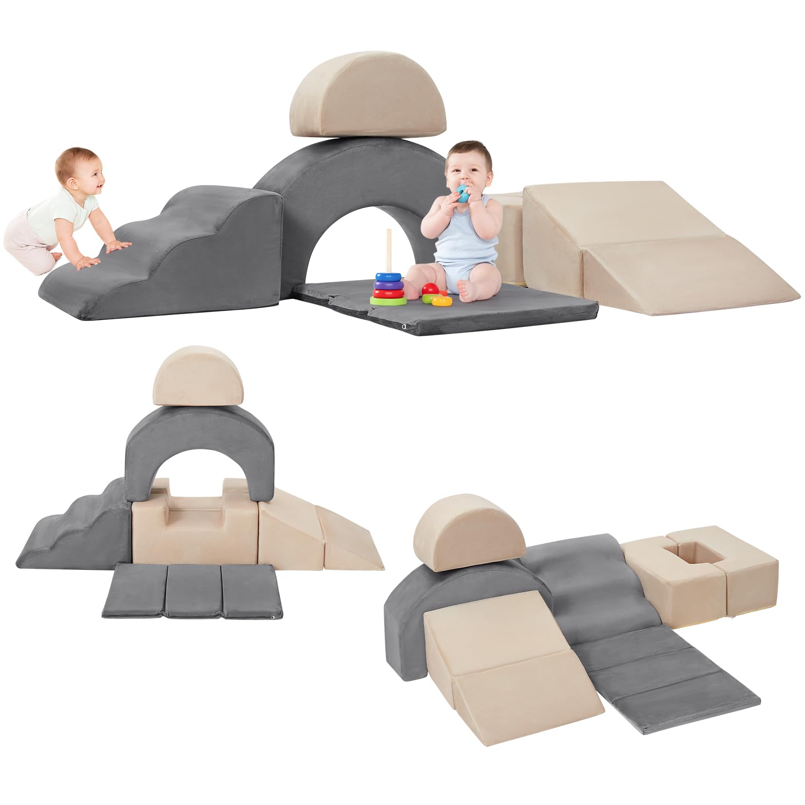 Garvee Juego educativo de 7 bloques de espuma para escalar y gatear - Incluye rampa extendida, túnel y tobogán - Funda de terciopelo lavable, base antideslizante - Ideal para bebés y niños pequeños en