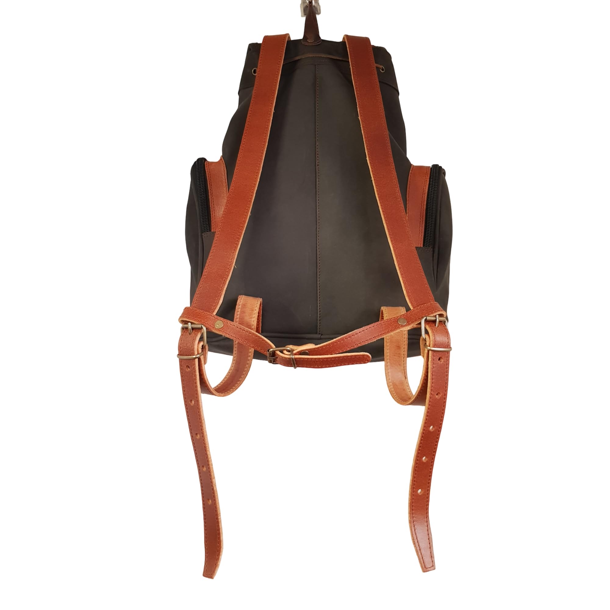 Mochila de caza fabricada en piel con 3 bolsillos con cremallera frontales