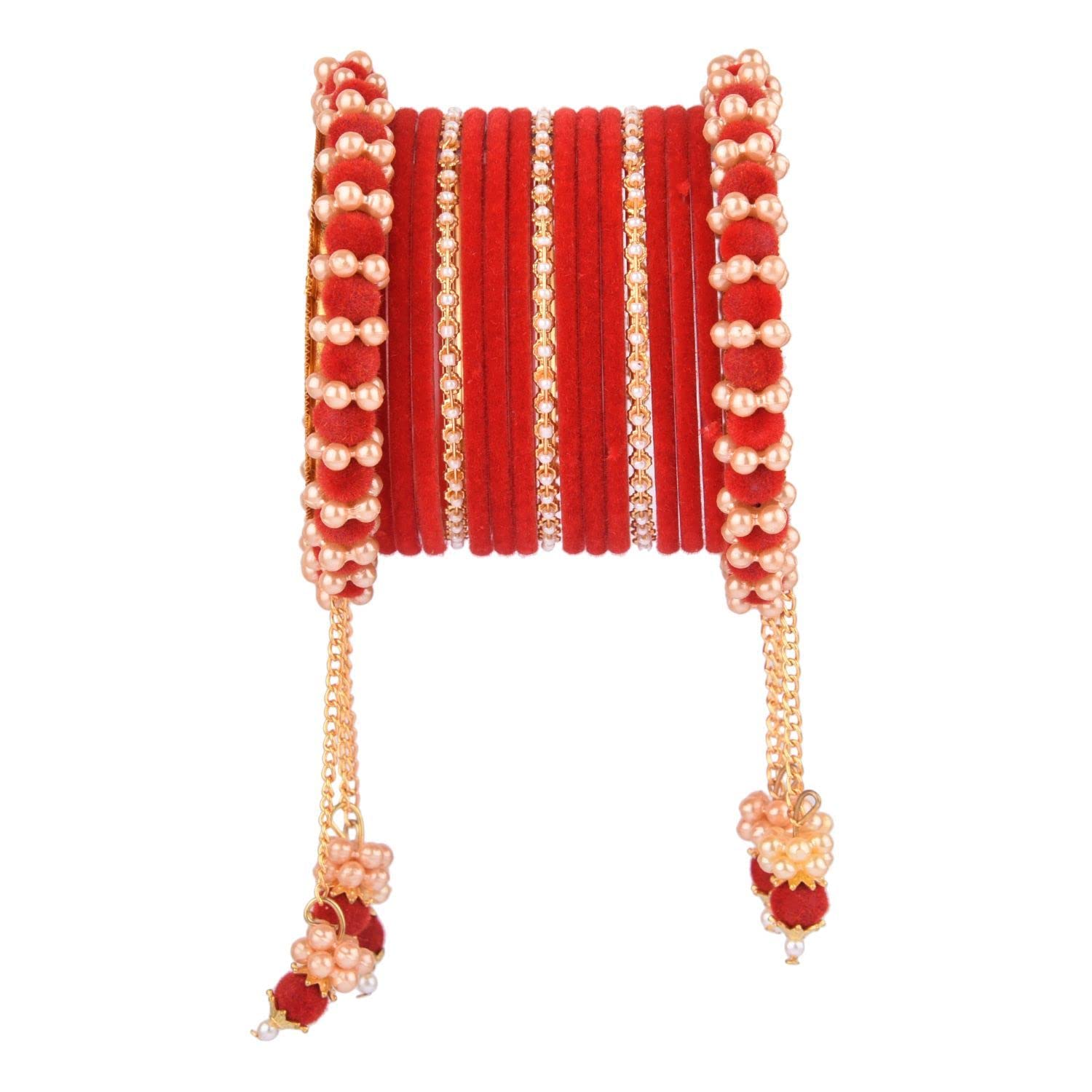 EfulgenzIndian Bangle Set for Women Wedding Bridal Grey Velvet Bangle Bracelet with Metal Ball Beaded Hanging Tassel Bollywood Jewelry for Women