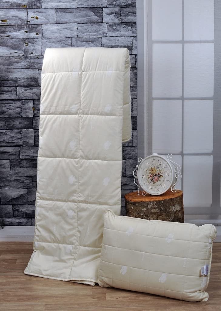 OZINCI 100% Wool Filled Comforter and Pillow Set for All Seasons, Encased in 100% Cotton Down Alternative Comforter and Pillow, Duvet Insert, Off White, Woolmark Certified (Full/Queen)