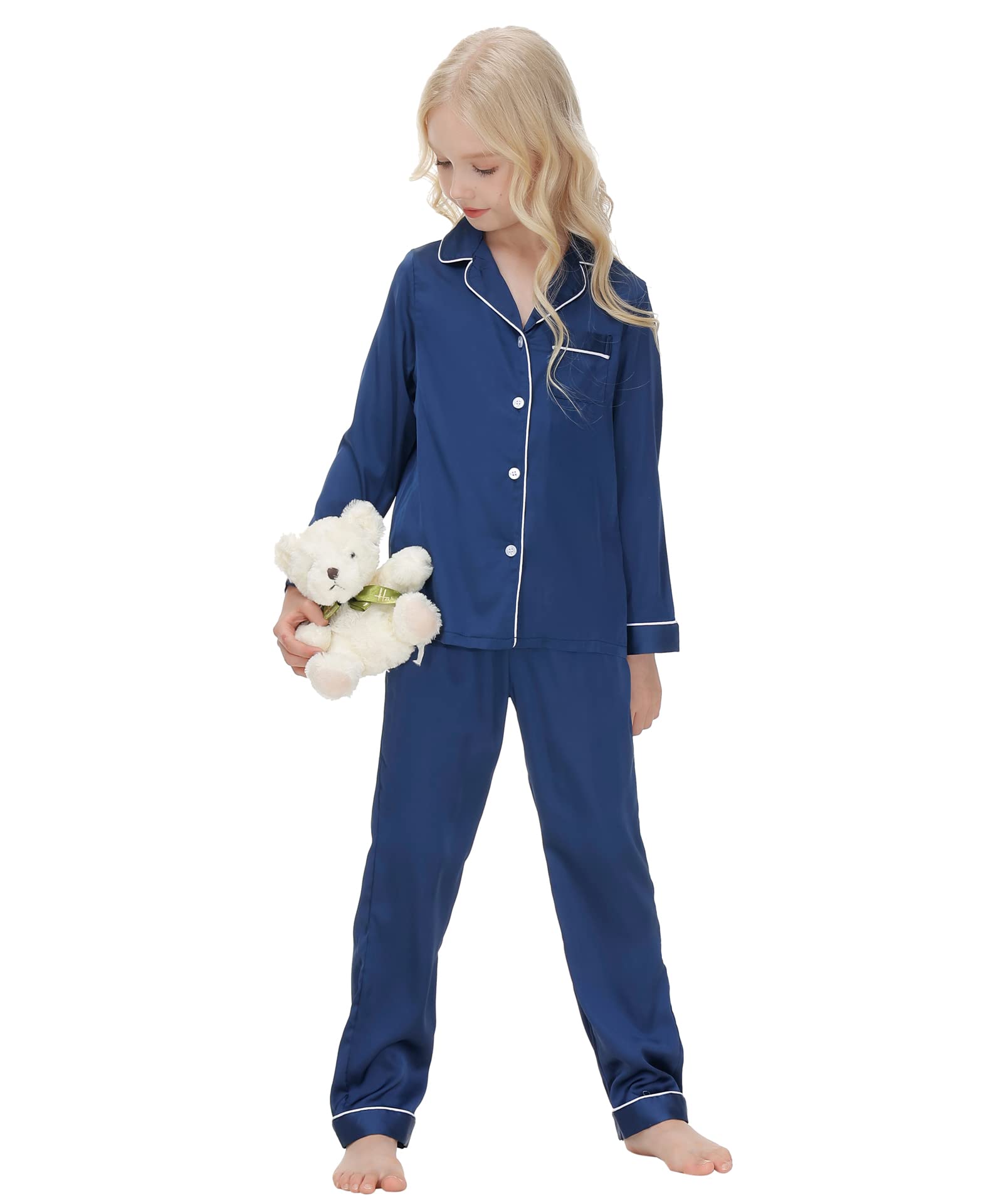 Verve Jelly Bambini Bambino Bambino Ragazza Ragazzo Pigiama Raso Set Manica Lunga Button-Down Magliette e camicette Camicia Pigiama + Pantaloni Lunghi Bottoms Pantaloni Degli Indumenti Da Notte Abiti
