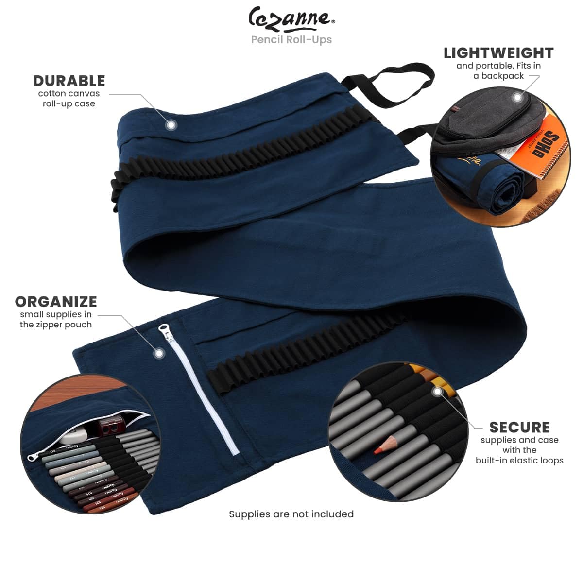 Cezanne - Estuche para lápices de artistas, lona de algodón azul duradera enrollable con bolsa de arte con cremallera para artistas, profesionales, organización ligera y portátil, hasta 72 lápices de