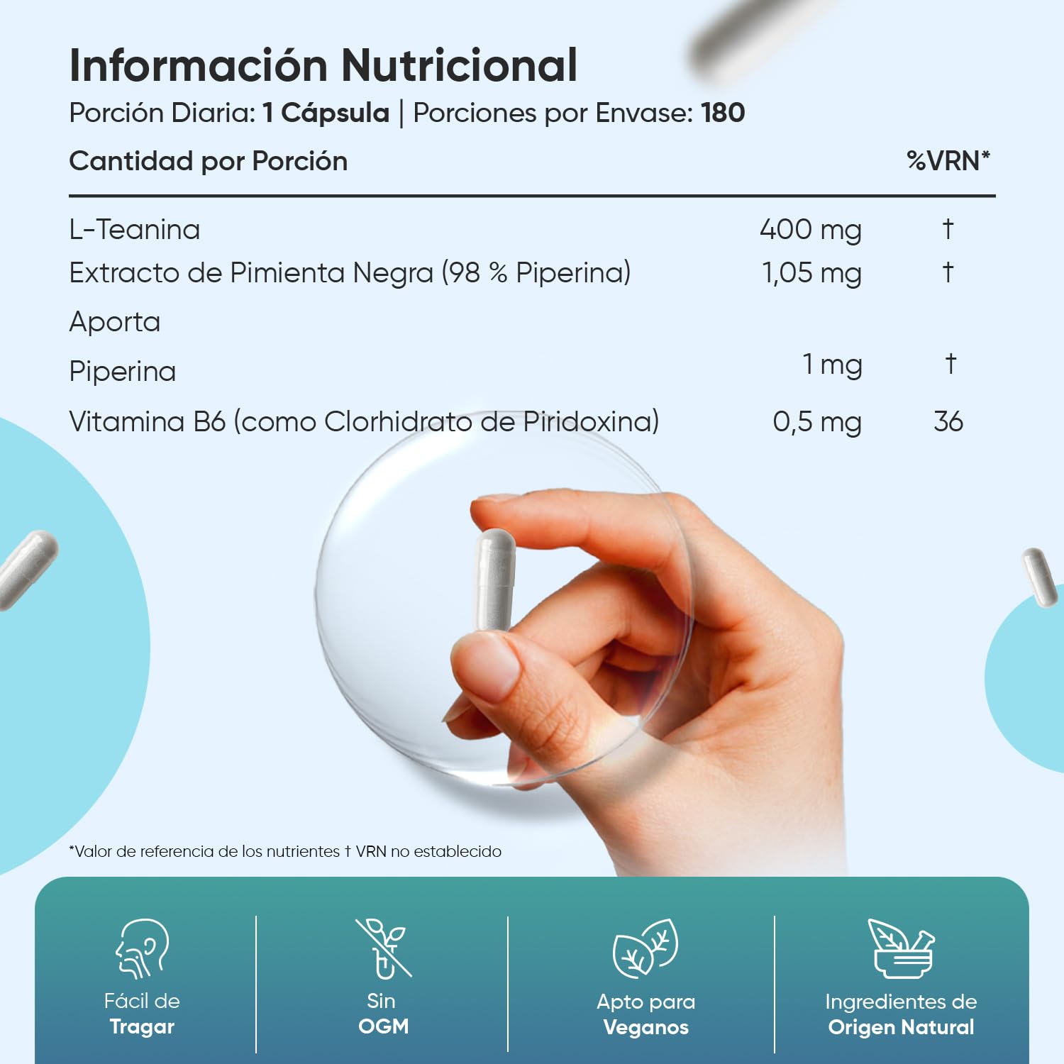 L Teanina 400mg con Vitamina B6 y Pimienta Negra - 180 Cápsulas de las Hojas del Té Verde y Negro para 6 Meses de L Theanine Vegano, Sin OGM y Sin Lactosa