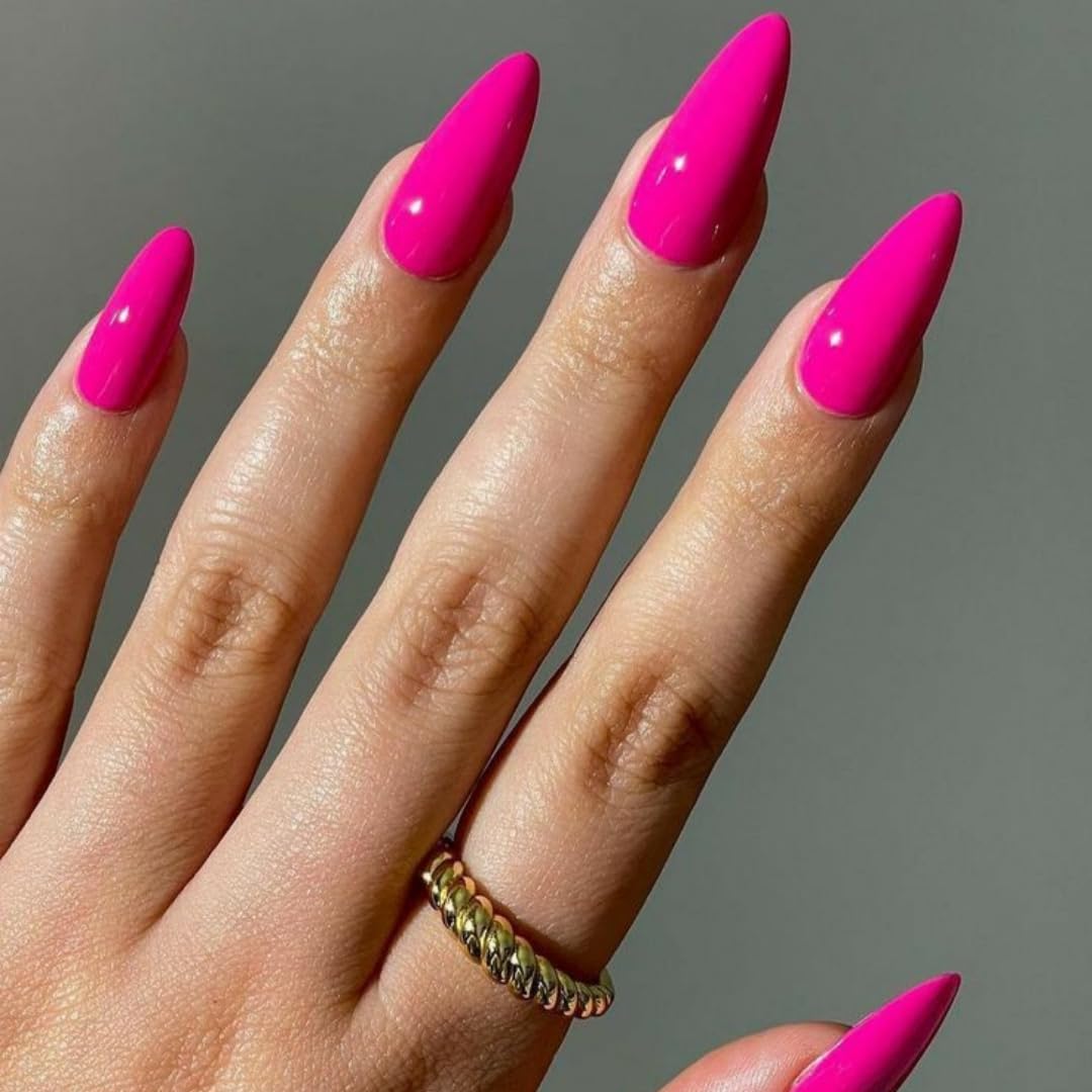 KQueenest Soft Gel Press on Nails Almond Medium, Hot Pink False Nails Almond, Glossy Vibrant Bright Pink Fake Nails Set