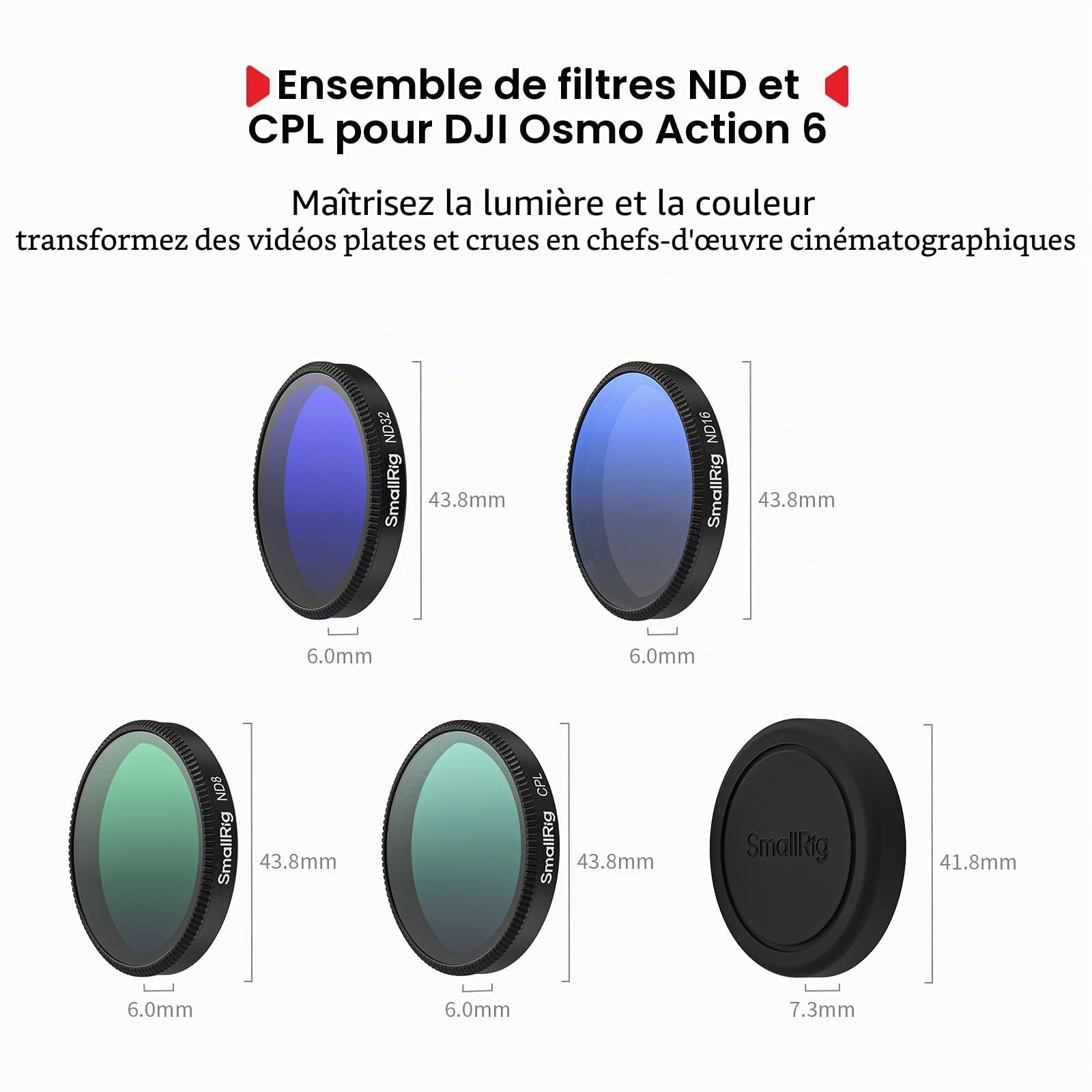 SMALLRIG Kit de Filtres ND pour DJI Osmo Action 6, 5 Filtres Polarisants à Densité Neutre (CPL, ND8, ND16, ND32) à Clipser, avec Protection d'objectif en Silicone et Verre Optique HD - 5895