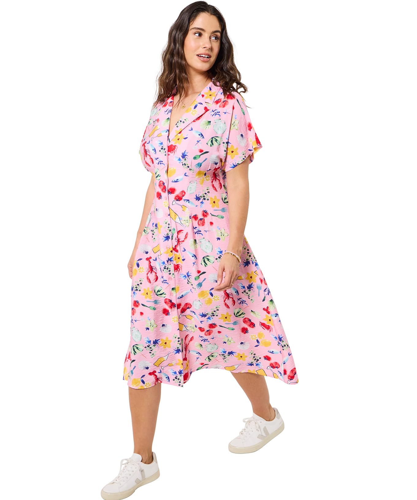 Joe Browns Women's Pink Playful Print Batwing Sleeve Tea Dress In | Size: 14