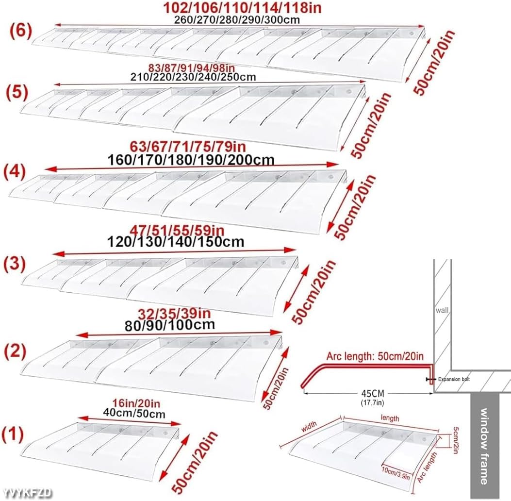 Curved Door Canopy Awning, Polycarbonate Outdoor Cover, UV & Rain Protection for Entrances, Invisible Awning for Windows, Brown 40x240cm (16"x94")