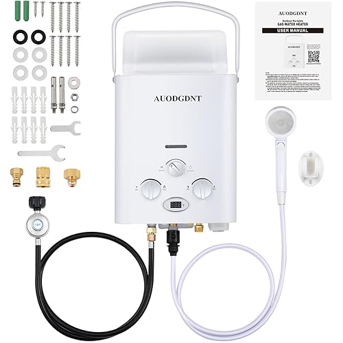 Propane Water Heater 1.58 GPM, Lightweight Instant Hot Water Heater with LED Display and 3-Mode Shower Head, Suitable for RV Camping Shower, 6L