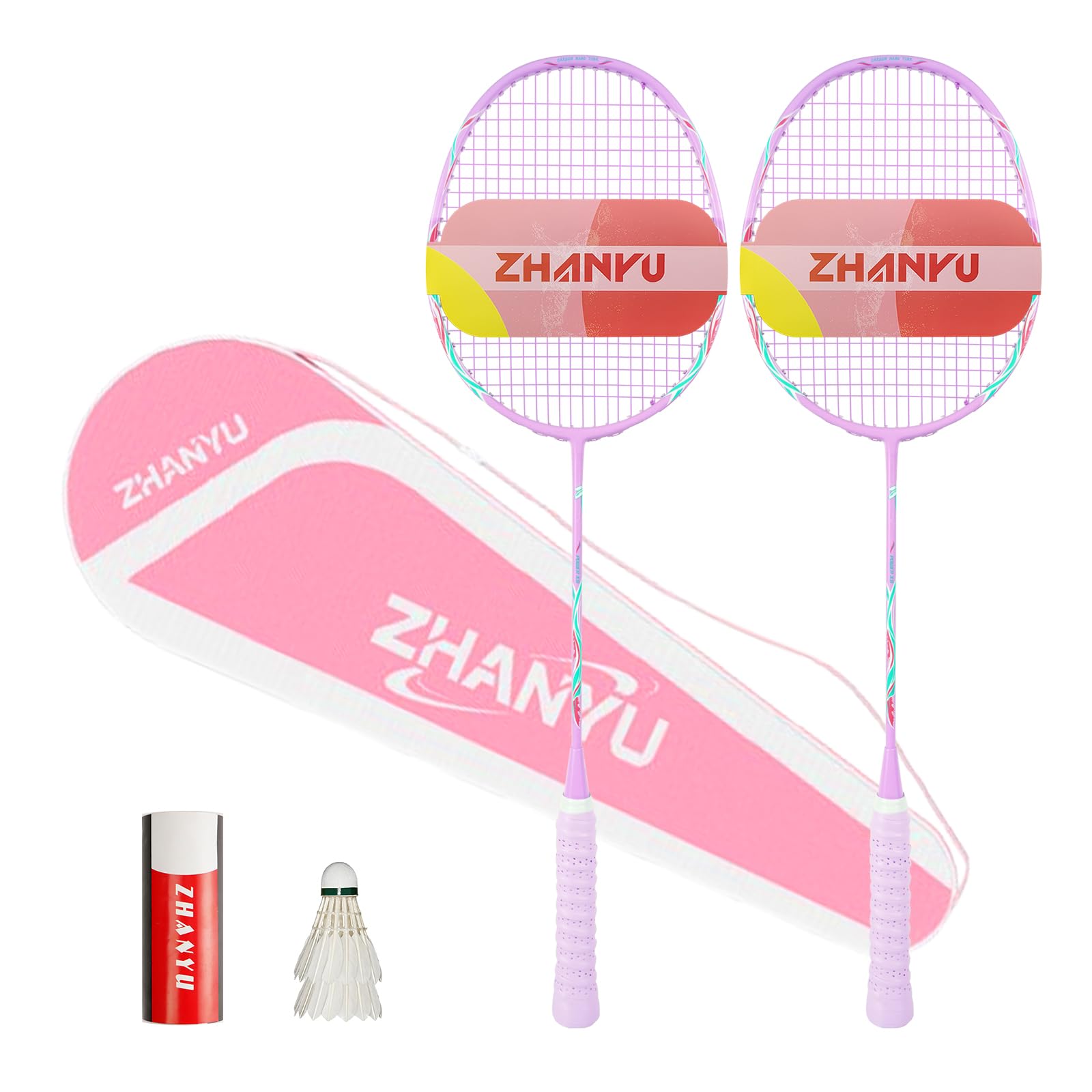 Badminton Rackets,Badminton Racket Set,82 Gram Lightweight Carbon Fiber One-Piece Molded Durable Professional Grade Racket,Including 2 Rackets,2 Shuttlecocks,And 1 Ball Bag (Purple)