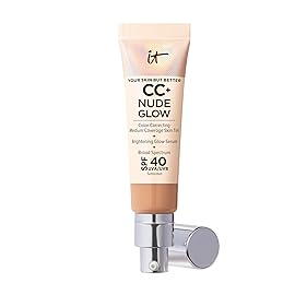 IT Cosmetics CC+ Nude Glow (Medium Tan) - Medium Coverage Foundation with SPF 40 & Brightening Glow Serum, Lightweight Skin Tint, 2% Niacinamide + Hyaluronic Acid, Up to 24H Hydration - 1.08 fl oz
