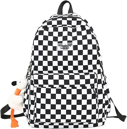 Y2K - Mochila estética a cuadros con colgante Kawaii de tablero de ajedrez, mochila ligera para computadora portátil, Negro -, Mochilas de mochila