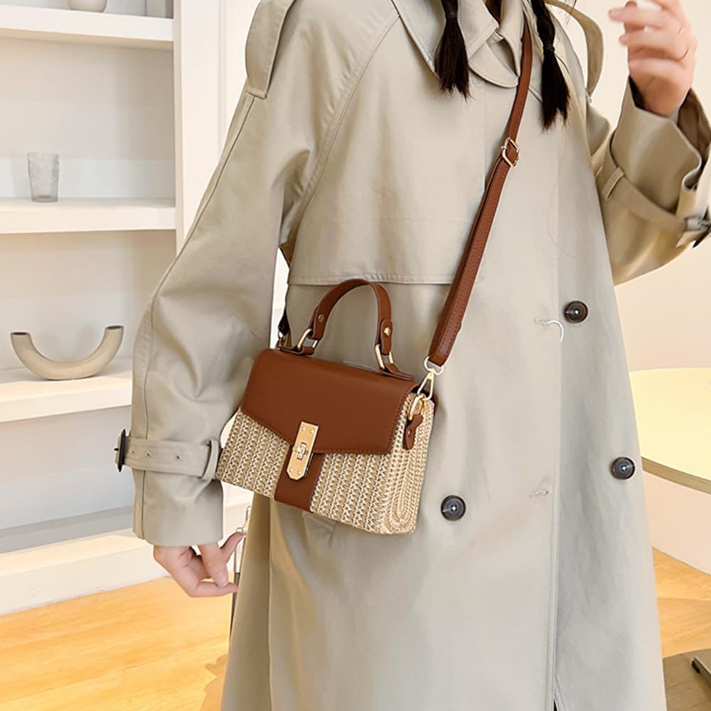Small Straw Crossbody Shoulder Bag for Women, Retro Woven Beach Handbag for Summer Vocation