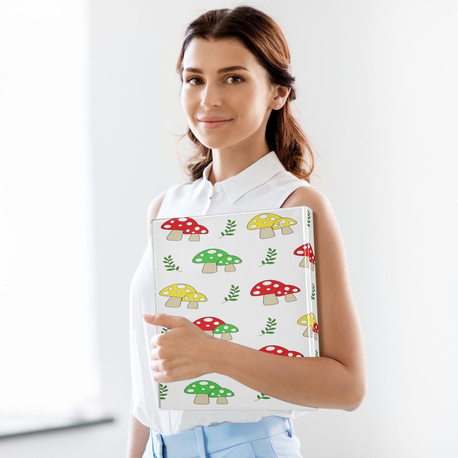 Raccoglitore a 3 anelli rotondi impermeabile con portablocco, in PVC, trasparente, formato A4, versatile, 200 fogli, per ufficio, scuola, casa, organizzazione ricette, motivo: funghi