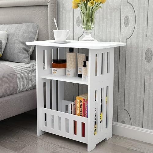 LINGWEI Wooden End Table Bedside Table Sofa Side Table Night Stand Book Shelf Night Stand with Storage Basket Lamp Stand For Bedroom Wooden Side Table For Office Home Living Room (Big)