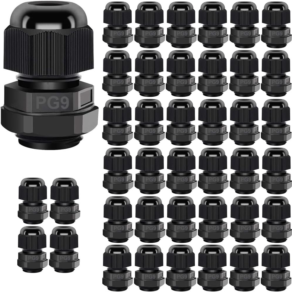 Cable Gland, PG9 Plastic Waterproof Adjustable 4.0-8mm Cable Gland Joint with Gaskets, M16*1.5 Wire Connector, Wire Protector (Pack of 40, Black)