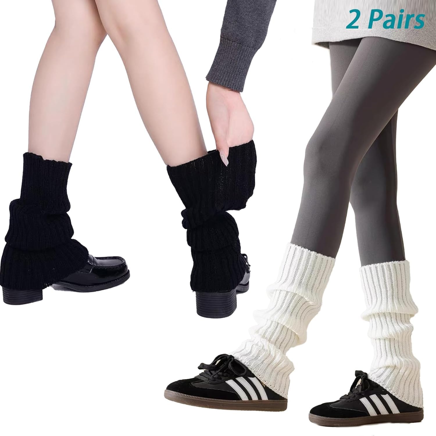 Llecdaseui Girls White And Black Kawaii Leg Warmers Knitted Flared Leg Sleeves Goth Crochet Baggy Cuff Ankle Heap Socks (White And Black)