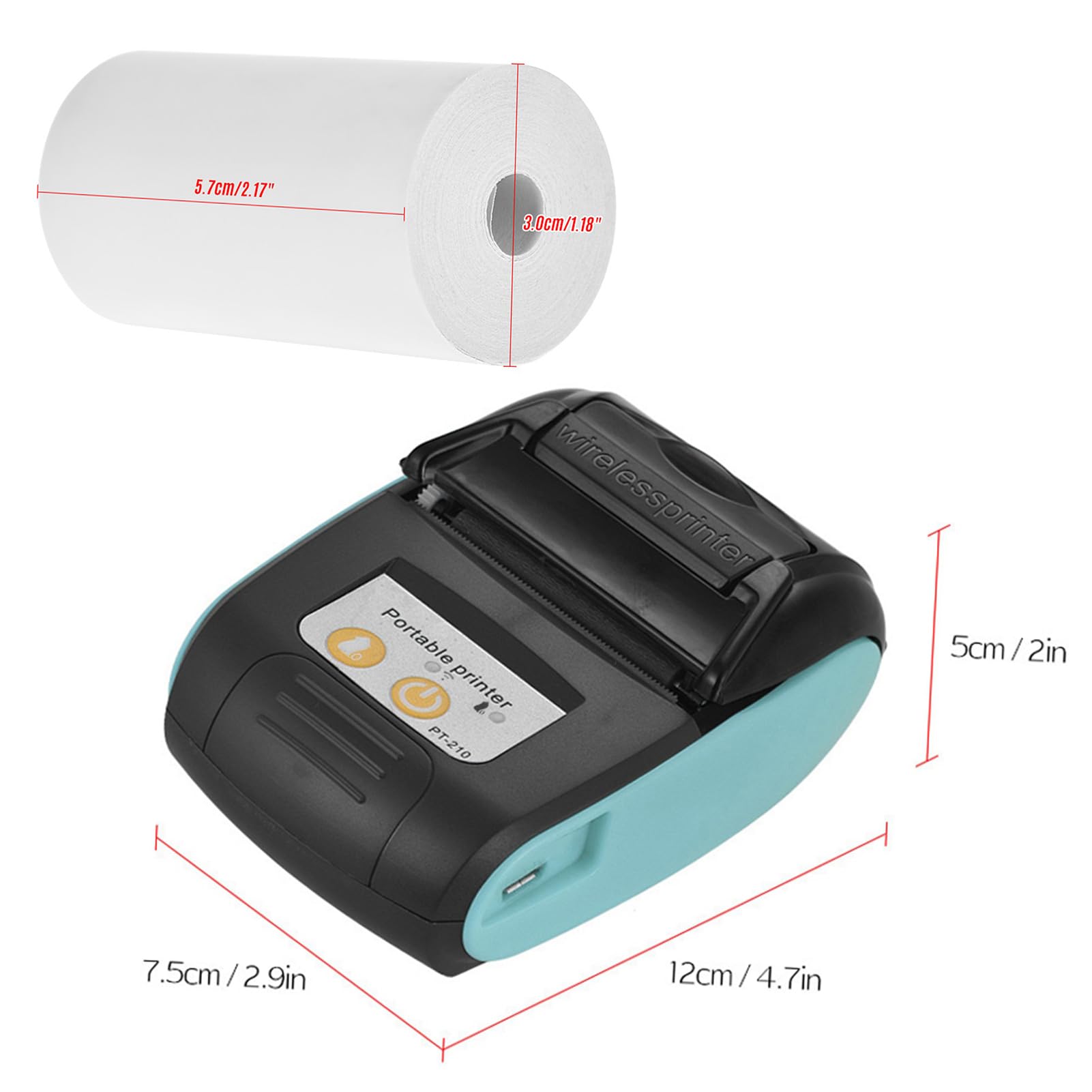 PT-210 Imprimante de Reçus, 57mm Imprimante Thermique Portable | Imprimante de Billets BT pour Commerces de Détail Magasins et Restaurants Boutiques, Bleu avec 10 Rouleau Papier