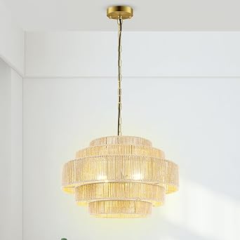 BoostArea 5-Tier Large Rattan Boho Chandelier Light Fixture,20" Hand Woven Pendant Lights Kitchen Island,Large Farmhouse Pendant Light for Kitchen,Dining Room,Hallway, Foyer