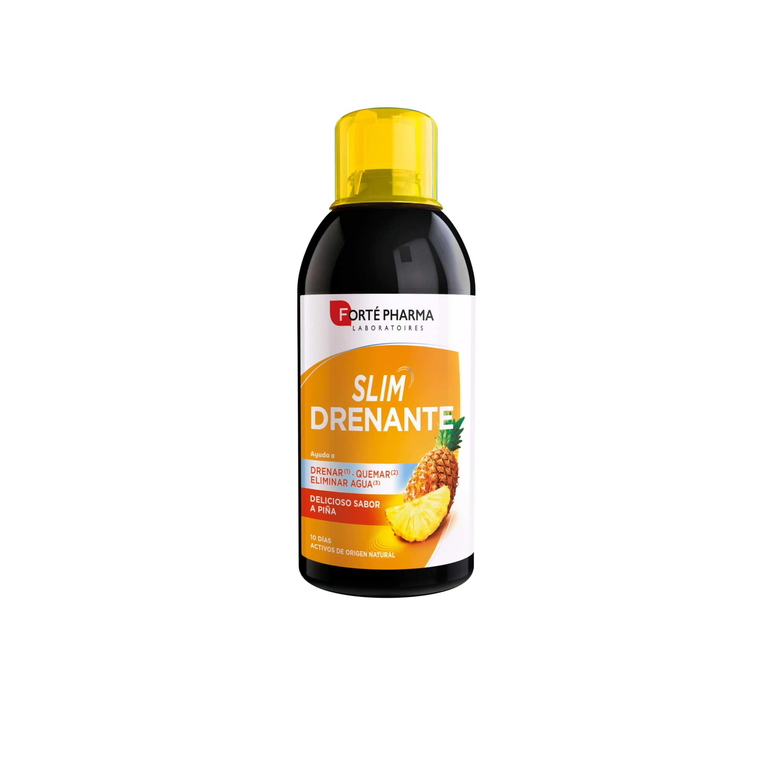 Slim drenante: complemento alimenticio que asocia reina de los prados, hibiscos, rabillo de cereza, té verde y CactineaTM. El fitotrío de guayaba, alga aosa y genseng completan la fórmula. Sabor piña