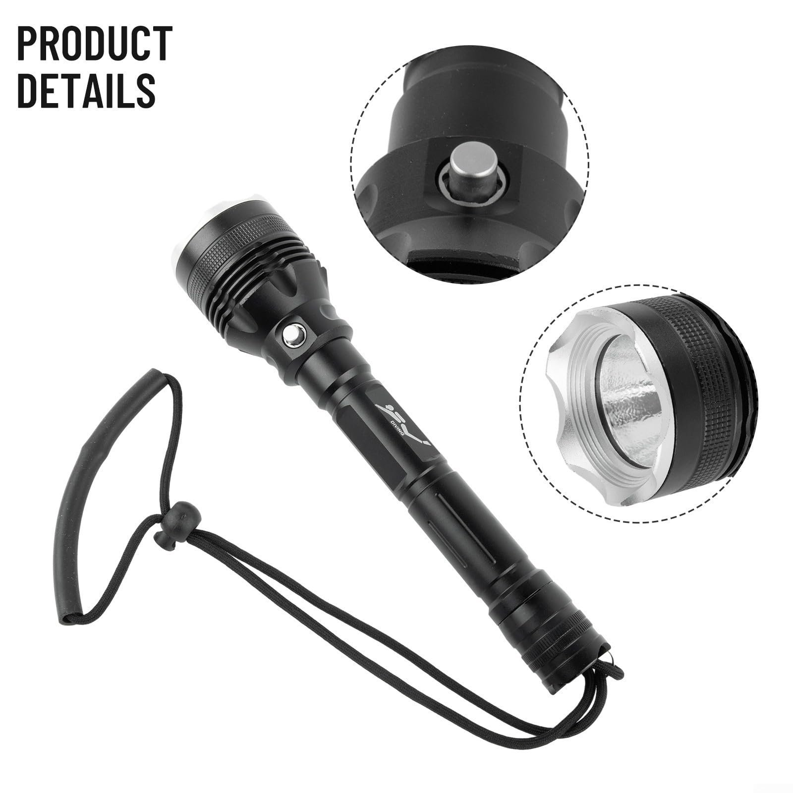 Torcia subacquea 4000LM P70.2 LED torcia subacquea impermeabile 80 m luce subacquea con USB per caricabatterie per campeggio, escursionismo, pesca, nero (C)
