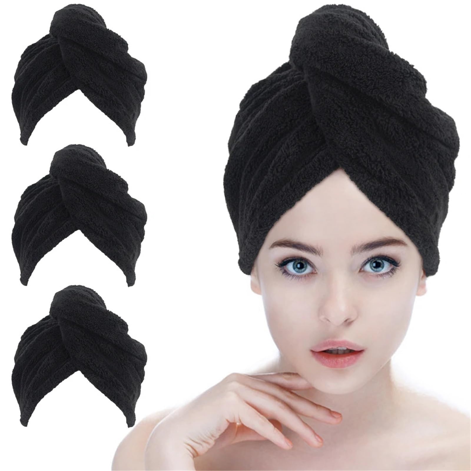 Asciugamano for capelli in microfibra assorbente, turbante for, cuffia for avvolgere i(Black,3PCS_25CMX65CM)