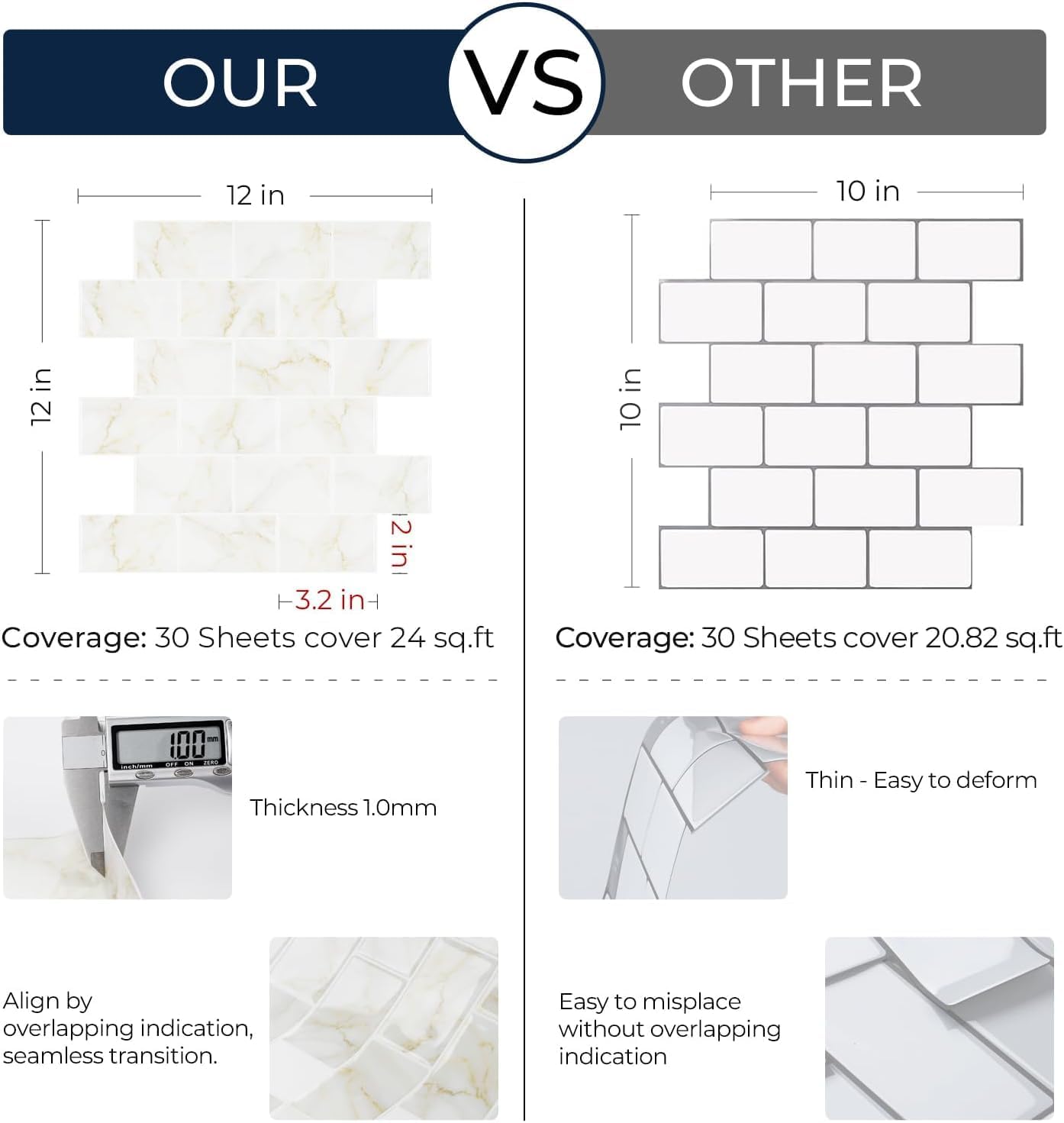 FunStick 30 Pcs Peel and Stick Subway Tile Backsplash White and Gold Marble Sticky Wall Tile Stickers for Kitchen Backsplash Tiles Peel and Stick Back Splash for Bathroom RV Renter Friendly 3D 12"x12"