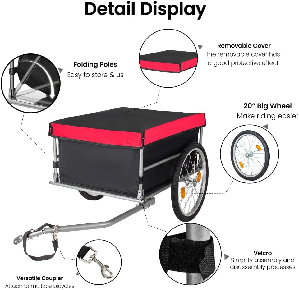 Foldable Bike Cargo Trailer with 20 Inch Wheels for Groceries, Tools and Luggage Transport
