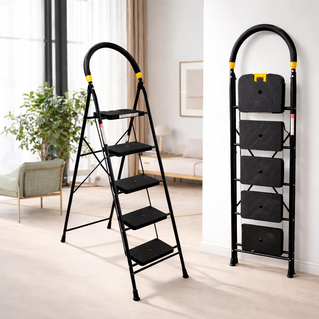 Houza 5 Step Steel Eco Ladder for Home with Anti Skid Shoes Steel Ladder with Platform, 5-Years Warrenty (Jet Black)-image-39