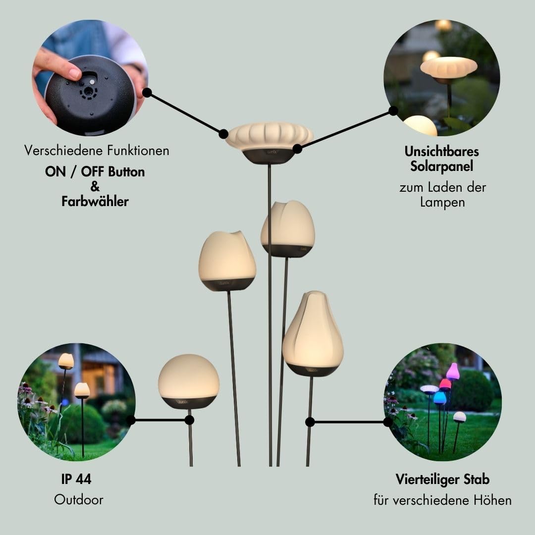 Lumix® Solar Flowers 1x Solarleuchte für Außen Garten von Krinner innenliegendes Solarpanel, IP44, Auto EIN/AUS mit RGB, Auto Change und neutralem LED Licht, Gartenleuchte Sunny 1 Stück