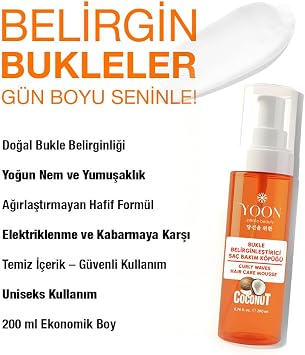 YOON Bukle Belirginleştirici Saç Köpüğü 200ml – Kıvırcık Saçlar İçin Şekillendirici Köpük, Elektriklenme Önleyici, Hindistan Cevizi Yağı Nemlendirici, Doğal Parlaklık ve Yumuşak Bukleler