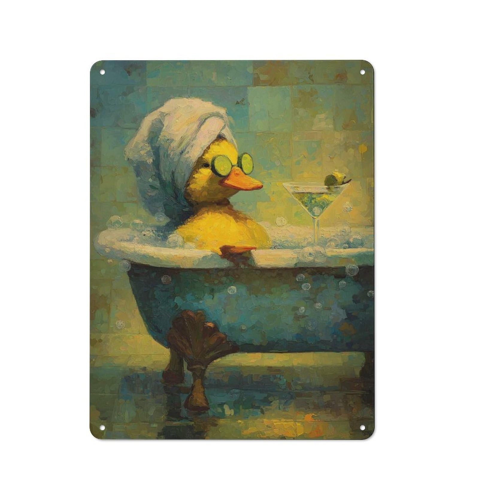 Junmoney Style-13 Classic Vintage Metal Sign 40X30cm Featuring Duck In Bathtub With Cocktail Painting, Home Bar Decor For Cafe, Pub, Workshop Or Home Bar