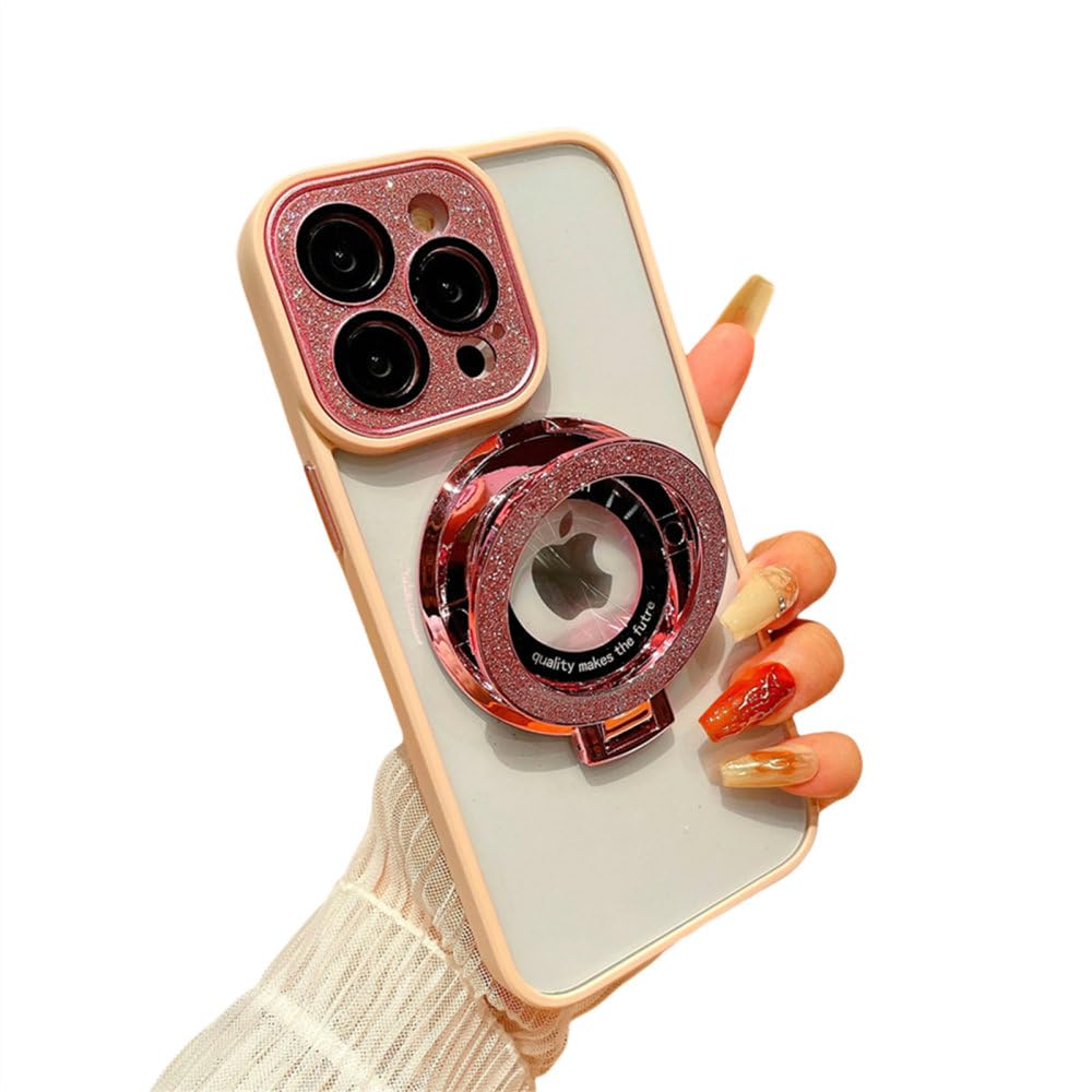 Coque iPhone 15 Plus rose avec support paillettes et protection verre - 8