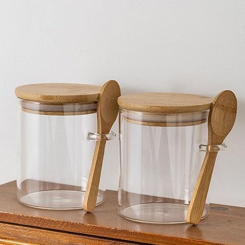Miniatura 9 de Luxshiny 2 tarros de vidrio herméticos con tapas de bambú, cucharas transparentes para almacenamiento de alimentos para galletas, dulces, café,