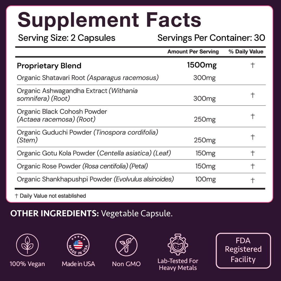 Menopause Supplements for 45+ Women | Hot Flash, Night Sweat & Mood Swing Support | Ayurvedic Herbal Blend with Shatavari, Ashwagandha, Black Cohosh | Cortisol & Estrogen Balance | 60 Capsules — Amazon image 4