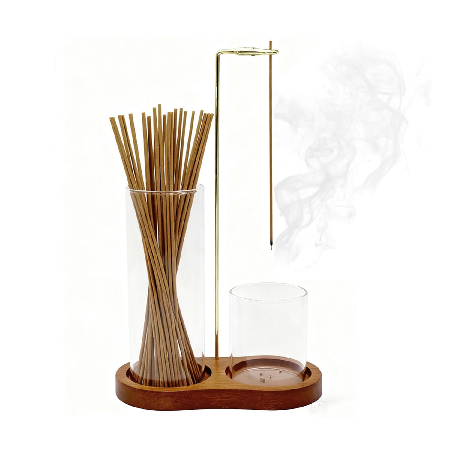 2-in-1 Wooden Incense Holder with 2 Glass Dust Collectors of Different Heights, Suitable for Yoga Spa, Reading