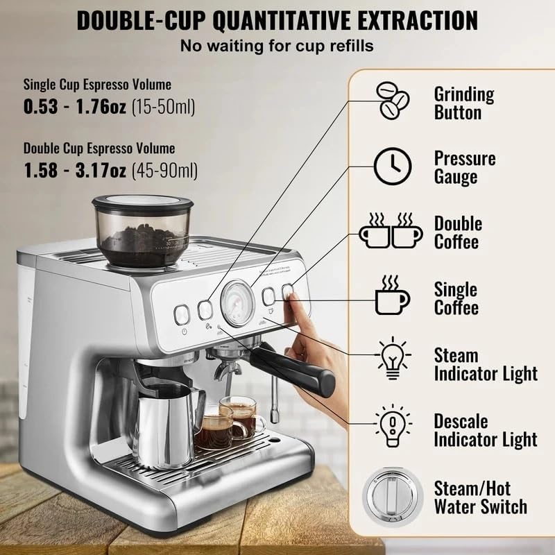 A semi-automatic Italian espresso machine with a grinder, equipped with a 15-speed steam wand and a milk frother