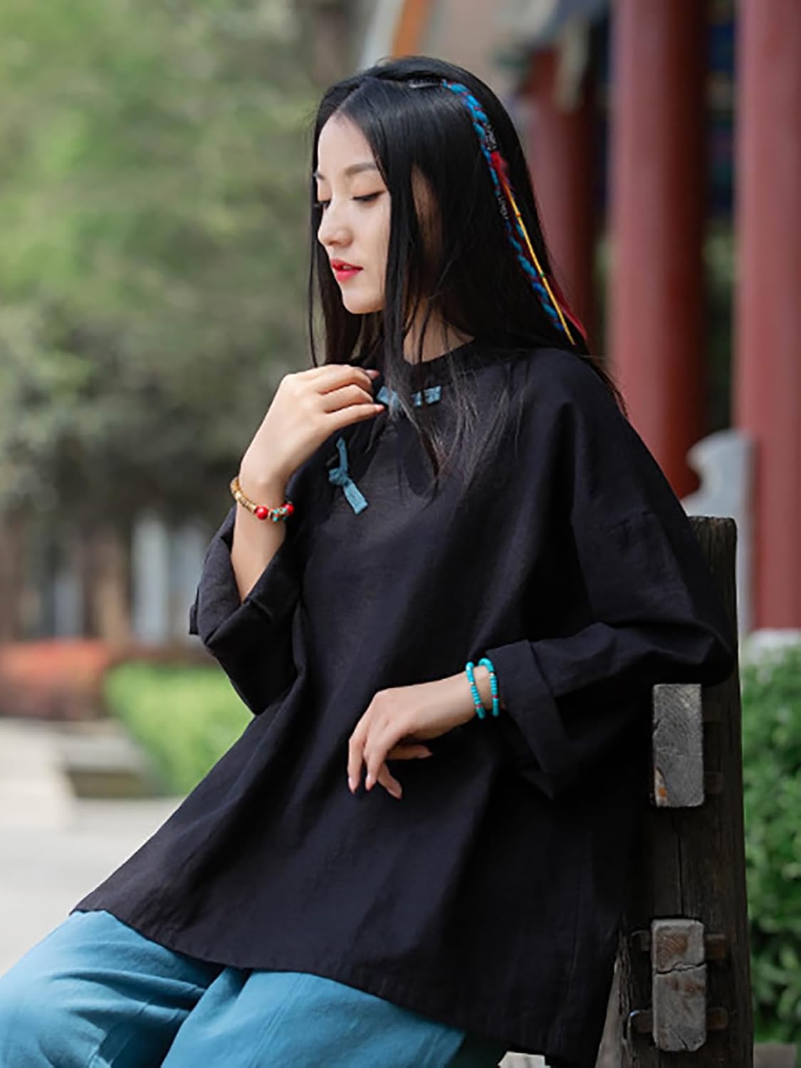 LZJN Women's Linen Shirts Artsy Retro Chinese Style Frog Button Tops Blouse Long Sleeve Tops - Image 4