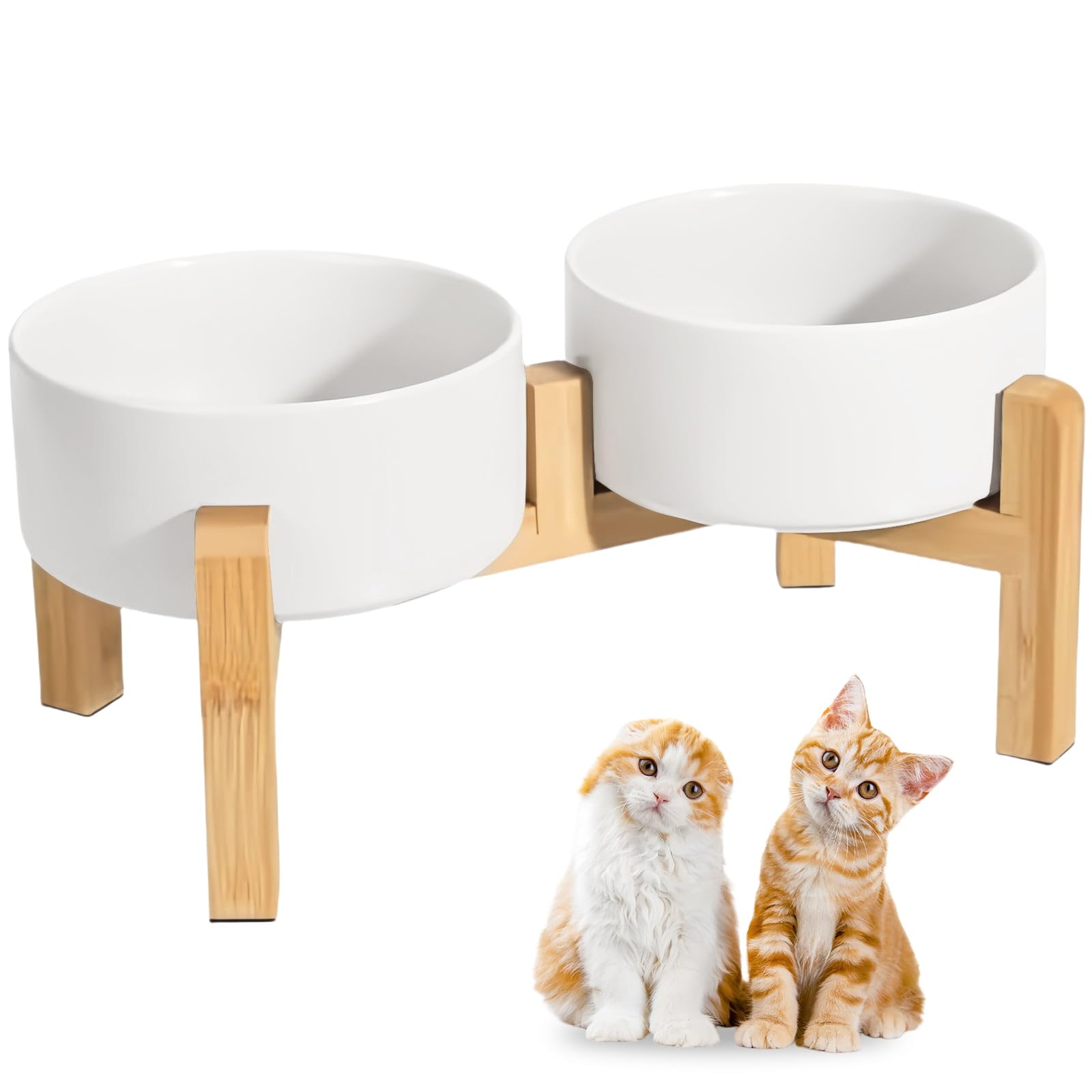 Elevated Double Ceramic Dog & Cat Bowls 850ML Raised Dog Feeder Bowl 15.5CM Pets Stylish Feeding Bowls with Elevated Wooden Stand, for Cats and Small Dogs Eating Food & Drinking Water Anti Vomit White