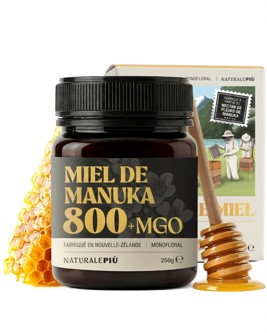 NaturalePiù Miel de Manuka 800+ MGO - 250g Brut et Bio de Nouvelle-Zélande - Miel cicatrisant monofloral - Pour Thé, Smoothies et Pâtisserie - Pur et Actif - Méthylglyoxal Certifié en Laboratoire