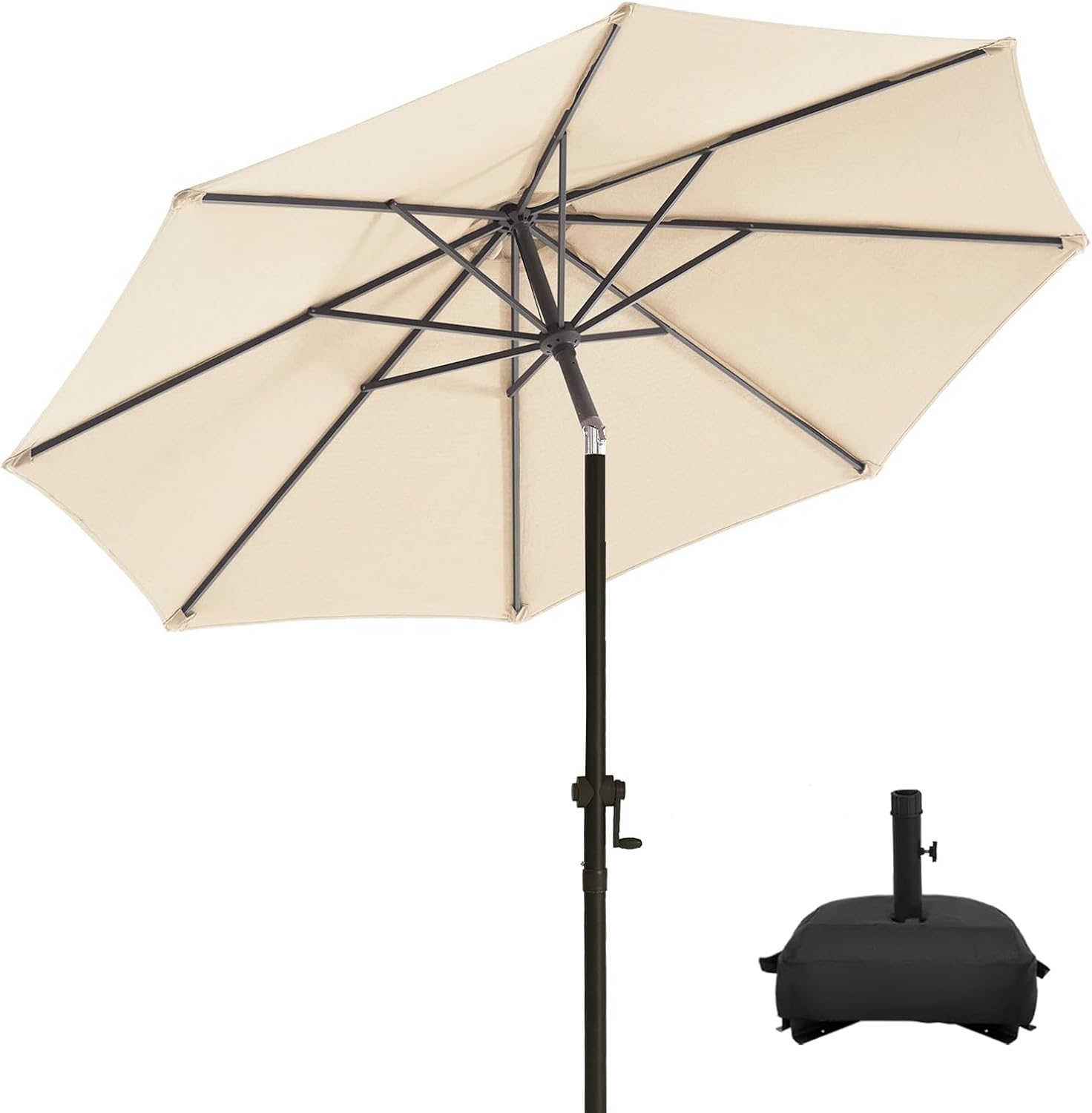 wikiwiki 9FT Patio Umbrella with Base, Outdoor Umbrellas with Base Included, 8 Sturdy Ribs, Waterproof Fade Resistant POLYESTER DTY Canopy for Deck, Lawn, Garden, Backyard & Pool, Beige