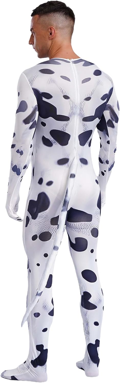 Linjinx Men's Animal 3D Print Zentai Bodysuit with Tail Adults Halloween Cosplay Party Costume