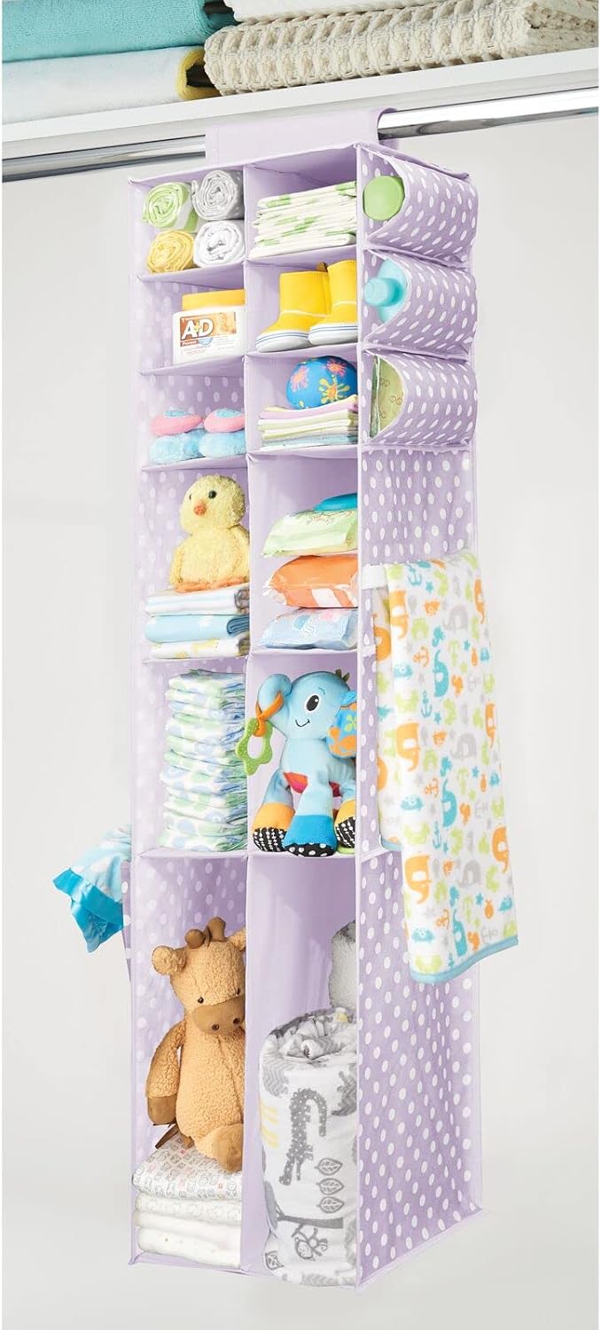mDesign Long Soft Fabric Over Closet Rod Hanging Storage Organizer with 12 Divided Shelves, Side Pockets for Child/Kids Room or Nursery, Store Diapers, Wipes, Lotions, Toys - 2 Pack - Purple/White